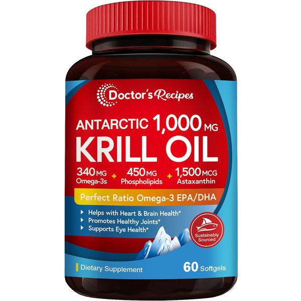 Doctor's Recipes Antarctic Krill Oil Omega 3 Supplement, 1000mg Softgels, DHA:EPA at 1:2 Perfect Ratio, 1.5mg Astaxanthin, Clean Extraction, No Fish Taste, Joint, Brain, Eye Health, Non-GMO