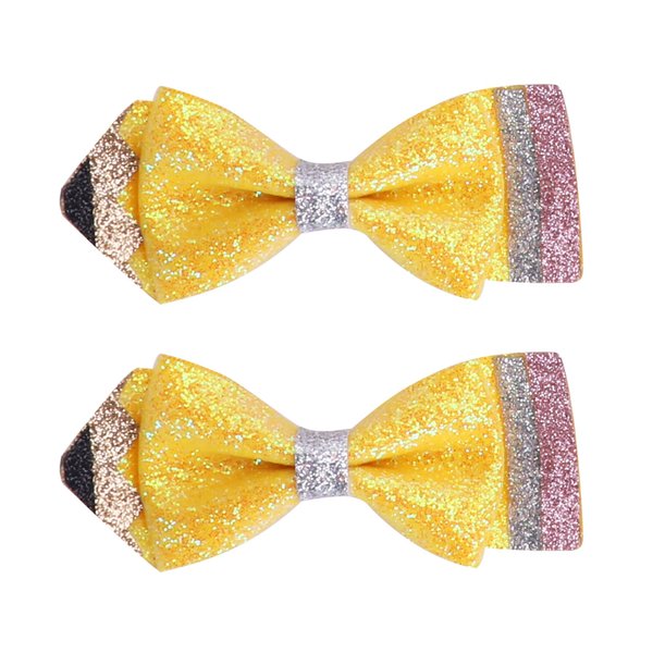 Back To School Pencil Hair Bow Clips, Sparkly First Day of School Hair Clip Leather Pencil Hair Bow Graduation and School Season Hair Accessories for Girls, Yellow