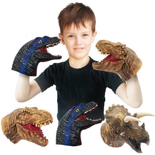 Yolococa Dinosaur Hand Puppets Realistic Latex Soft Animal Head Toys Set, Hand Puppet Toys Gift for Kids, Party Show Imaginative Play (Tyrannosaurus & Triceratops & Velociraptors)