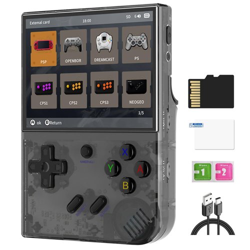 RG35XX Plus Retro Video Handheld Game Console Linux System 3.5 in IPS Screen Built-in 3300mAH Battery 64G TF Card Preinstalled 5500 Classic Games(RG35XX Plus Black New)