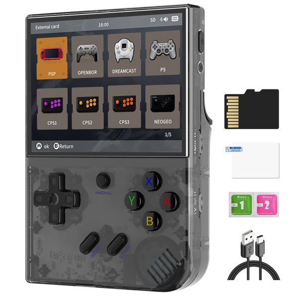 RG35XX Plus Retro Video Handheld Game Console Linux System 3.5 in IPS Screen Built-in 3300mAH Battery 64G TF Card Preinstalled 5500 Classic Games(RG35XX Plus Black New)