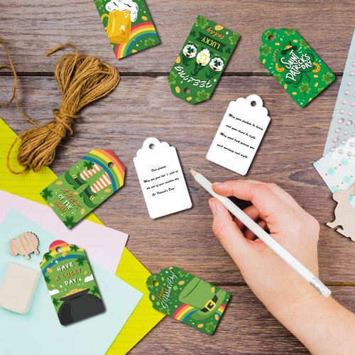 120 Pcs St. Patrick's Day Gift Tags, St. Patrick's Day Decorations Accessories Lable Tags, Irish Shamrock Clover Gnomes Gifts Tags for Green Day
