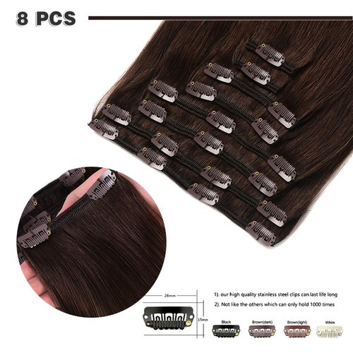 14" Remy Clip in Hair Extensions Human Hair Brown for Women Fashion - Short Silky Straight 8pcs 20clips Real Hair Extensions Clip in Human Hair (14 inch 100g #2 Dark Brown)