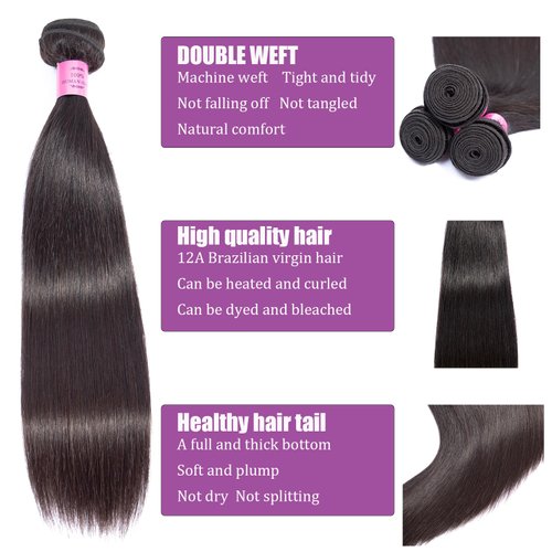 Wiilm 12A Straight Bundles Human Hair 3 Bundles 22 24 26 Inch 100% Raw Bundles Human Hair Brazilian Human Hair Bundles Virgin Hair Bundles Quick Weave Hair Bundles Human Hair Extensions Black