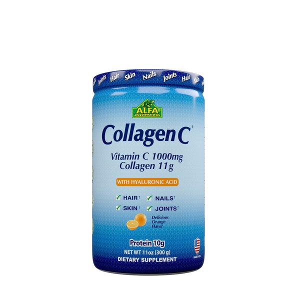 ALFA VITAMINS CollagenC Hydrolysate Peptides Powder Supplement with 1,000mg Vitamin C - Premium Quality Source of Nutrients - Skin, Hair, Nails, Immune Boost & Joints Support - Orange Flavor -11 OZ