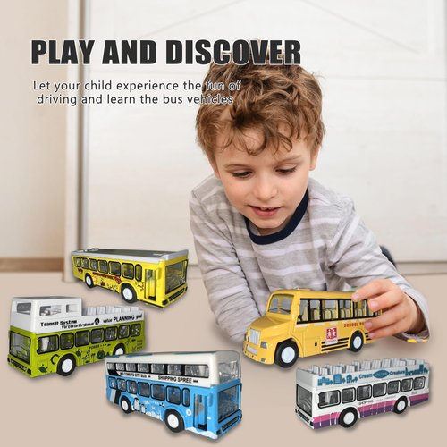 KIDAMI School Bus Toys Cars Set Die Cast Metal Toy Cars Double Decker City Bus Vehicles, Openable Doors, Pull Back Cars Play Toys for Birthday Gift Vehicle