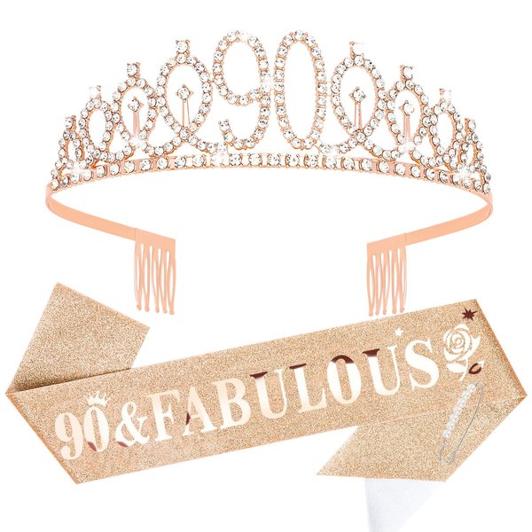 YARIEW 90th Rose Gold Crown + 90 & Fabulous Birthday Sash + Pearl Pin Set, 90th Birthday Sash and Tiara for Women, 90th Birthday Decorations for Women, Happy 90th Birthday Gifts for Women