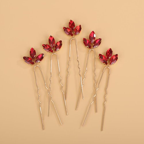 Teyglen 5pcs Crystal Wedding Hair Pins Red Rhinestone Bridal Hair Pins Clips Simple Crystal Hair Piece Hair Jewelry Accessories for Women (Red)