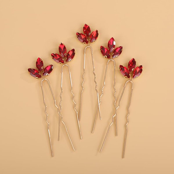 Teyglen 5pcs Crystal Wedding Hair Pins Red Rhinestone Bridal Hair Pins Clips Simple Crystal Hair Piece Hair Jewelry Accessories for Women (Red)