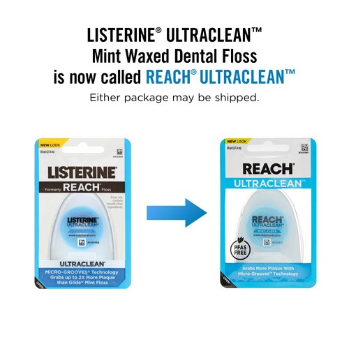 REACH Listerine Ultraclean Dental Floss, Plaque Remover, Shred Resistant, Waxed, Gentle on Gums & Teeth, Mint, PFAS-Free, Fresh Breath, Oral Care, for Adults & Kids, 30 yds