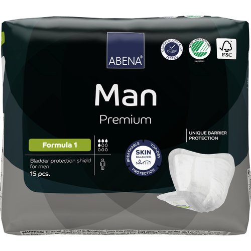 Abena Man Formula 1 Incontinence Pads for Men, 15 Count, Eco-Friendly, Breathable, Comfortable, Absorbs up to 15.2 fl oz