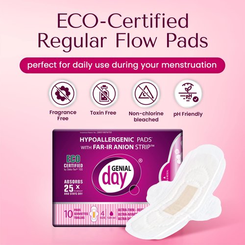 Hypoallergenic Regular Flow Pads with FAR-IR Anion Strip, Super Absorbent, Breathable, Vegan and Eco-Certified, Ultra Thin with Wings, Count 90 (Regular)