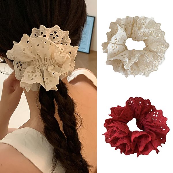 Generic 2 Pcs Hollow Lace Hair Scrunchies Openwork Embroidery Lace Hair Ties Elastics Hair Bands Ponytail Holder Scrunchie Hair Styling Accessories for Women (Red, White)