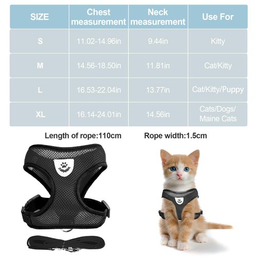 Cat Chest Harness and Leash, Anti-Escape Adjustable Soft mesh cat Leash and Chest Harness Set for Small Cats and Puppies, Medium cat Vest (Size S,Black)