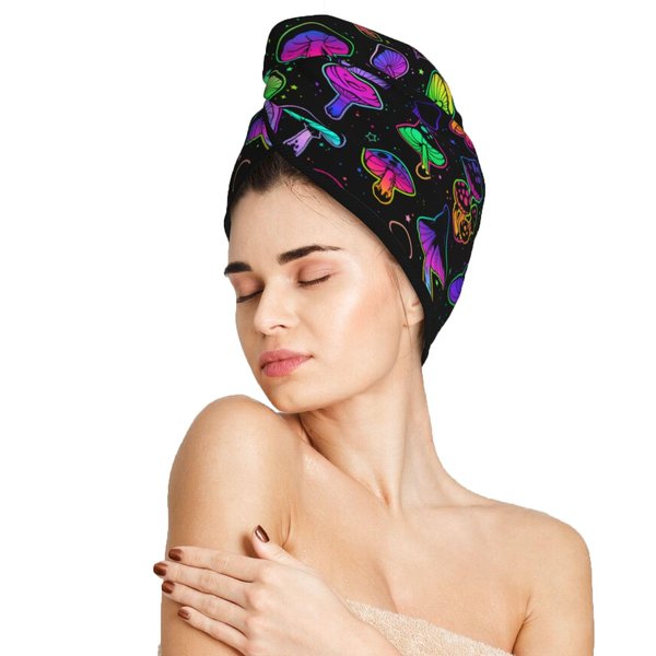 famliihw Mushrooms Hair Towel Wrap Microfiber Fast Drying Hair Turban with Buttons for Women Drying Curly, Long & Thick Hair