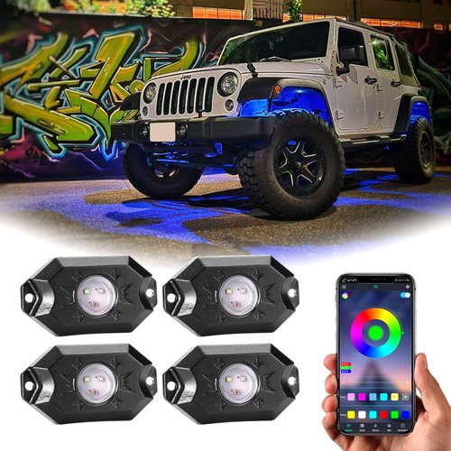 YCHOW-TECH RGB LED Rock Lights Kit, 4 Pods Underglow Multicolor Neon Light Pod with Bluetooth App Control High Bright Waterproof IP68 Wheel Well Light Flashing Music Mode for Truck ATV UTV RZR