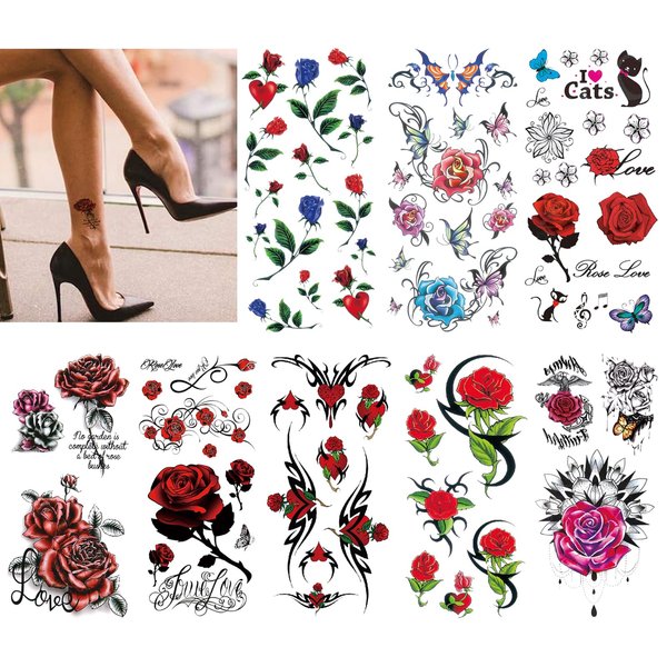 CARGEN Sexy Rose Temporary Tattoos - 8 Sheets Sexy Flower Butterfly Cat Love Tattoos for Women Sexy Makeup Fake Tattoo Body Art Sticker Great for Legs Thighs Chest Hips Fingers Neck Ankle Shoulder