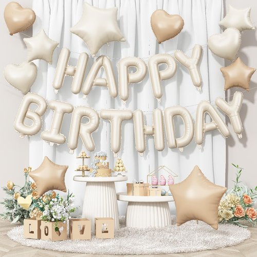 Happy Birthday Balloon Banner Cream, 16 Inch Beige Mylar Foil Letter Balloons, Boho Neutral Birthday Decorations with 10 Pcs Ivory Caramel Brown Foil Balloon, Inflatable Party Supplies for Women Girl