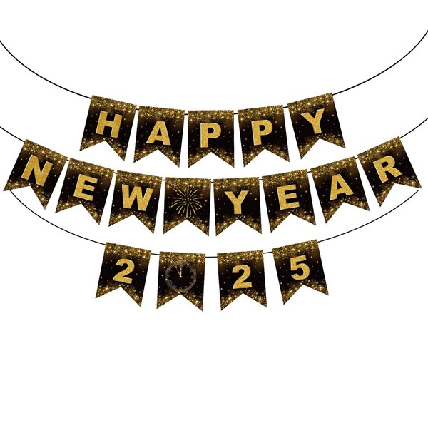 Happy New Year Decorations Banner 2025 – Pre-Assembled Black and Gold Glitter Party Garland, Festive Hanging Decor for New Year’s Eve Party, Indoor and Outdoor Celebration Supplies
