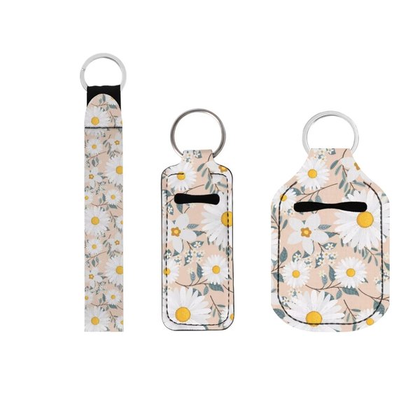 Suobstales Daisy Flower Pattern 3 PCS Travel Bottle Keychain Holders Set Neoprene Lipstick Wristlet Keychain Elastic Chapstick Keychains Holder