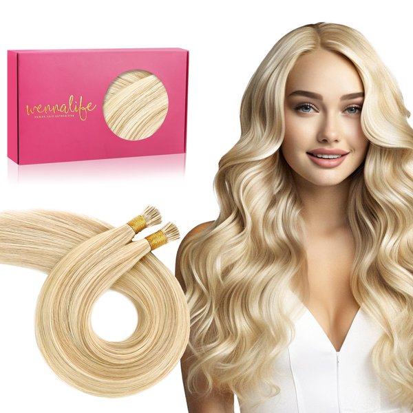 WENNALIFE I Tip Hair Extensions Human Hair, 50g 50s 20 Inch Dirty Blonde Highlighted Bleach Blonde Remy Itip Human Hair Extensions Invisible Itips Straight I Tips Fusion Extensions Real Human Hair