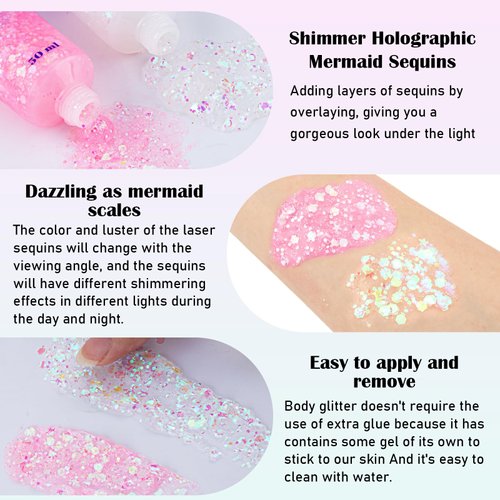 BowJian White&Pink Body Glitter Singer Concerts Pink Face Glitter Makeup Festival Rave Accessories Glitter Eyeshadow Pink Hair Glitter Gel Pink Body Glitter White Body Glitter Chunky Glitter Makeup