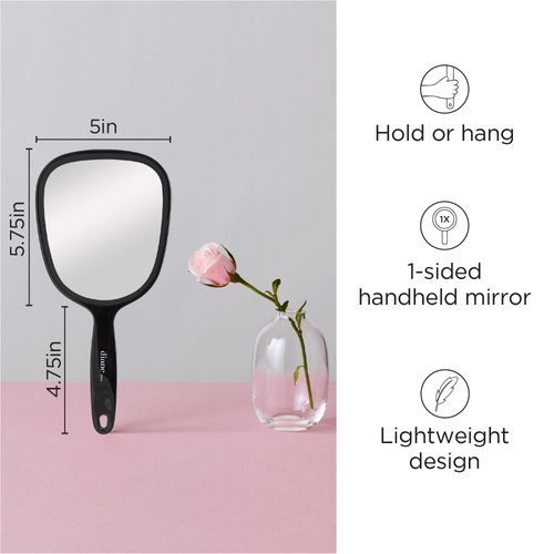 Diane Hand Mirror – Standard 1X Magnification Hand Held Mirror, Single Sided Vanity Makeup Mirror for Women, Men, Salon, Barber, Shaving, and Travel, Medium 5" x 11" In Black