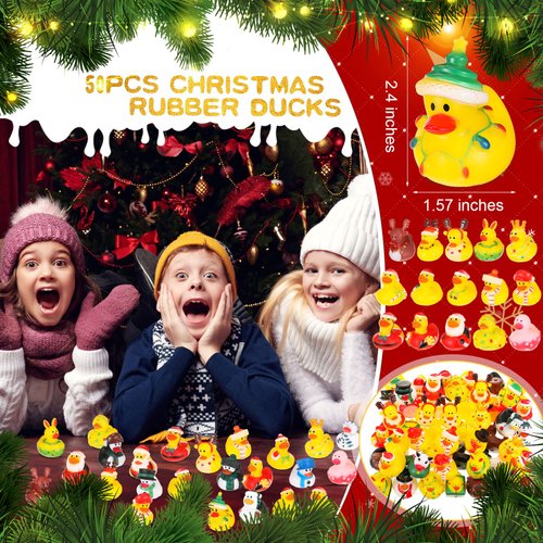 Hanaive 50 Pcs Assorted Christmas Rubber Ducks Bulk with Different Designs Mini Rubber Ducks Bath Toys Xmas Themed Novelty Duck for Party Supplies Gifts Birthday Baby Shower Pool Party (Retro)