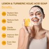 Kojic Acid Soap, Lemon and Turmeric Kojic Acid Soap Bar with Bath Net Sponge - Brightening, Reduces Dark Spot, Exfoliating, Skin Toning, Smooth Skin, Vegan Soap for Face and Body (2 Pack x 5 oz)