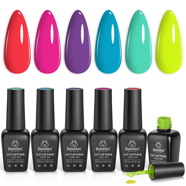 beetles Gel Nail Polish Set 6 Colors Neon Green Gel Polish Manicure Nail Art DIY Home Gifts for Women Girls Rainbow Nails