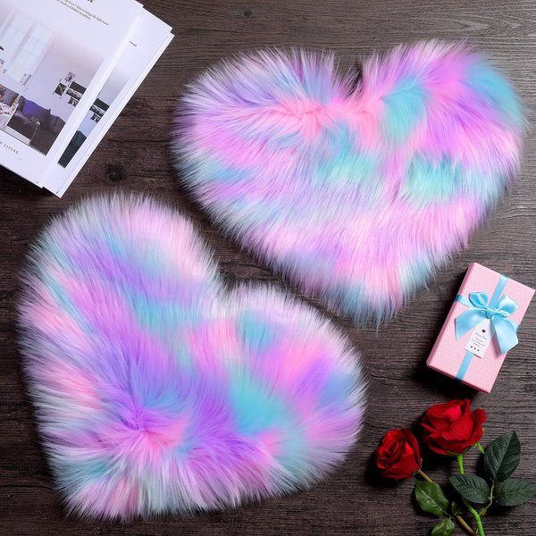 Mudder 2 Pieces Heart Shaped Rug Fluffy Faux Area Rug Bushy Room Carpet for Home Living Room Sofa Floor Bedroom, 12 x 16 Inch(Pink, Purple, Green)