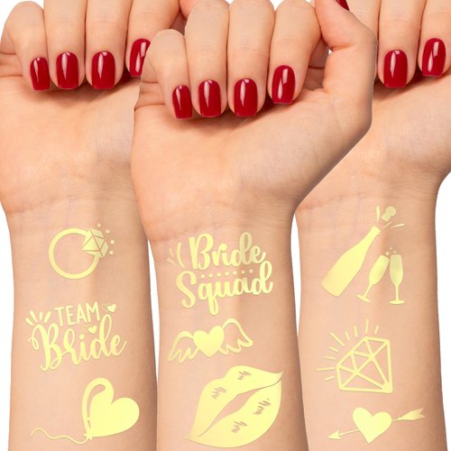 CORRURE Bachelorette Tattoos - 38pcs Gold Temporary Metallic Tattoo Stickers for Bridesmaids and Bride Tribe - Bachelorette Party Decorations, Bridal Party Favors, Games and Women Accessories