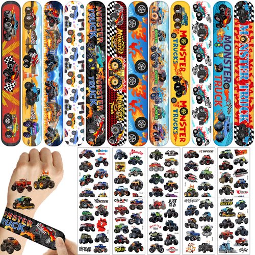 YYMYMGJ Monster Truck Party Favors 24 Pcs Monster Truck Slap Bracelets 80 Pcs Monster Truck Tattoos Monster Truck Birthdays Party Supplies Decorations Gifts for Kids Boys Classroom Rewards