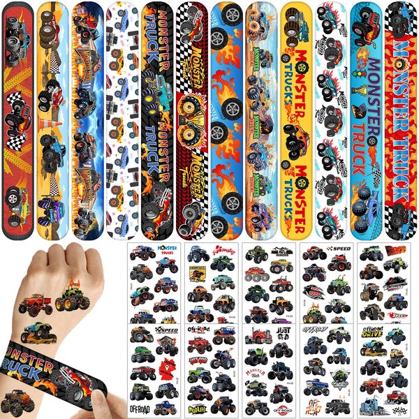 YYMYMGJ Monster Truck Party Favors 24 Pcs Monster Truck Slap Bracelets 80 Pcs Monster Truck Tattoos Monster Truck Birthdays Party Supplies Decorations Gifts for Kids Boys Classroom Rewards