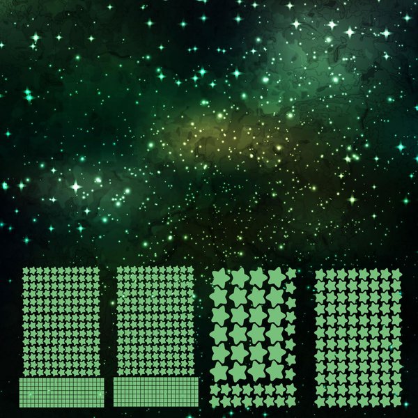 Aooyaoo Glow in The Dark Stars Wall Stickers, Glowing Stars for Ceiling and Wall Decals, 3D Glowing Stars,Excluding The Moon，Perfect for Kids Bedding Room or Party Birthday Gift(606Pcs, Green)