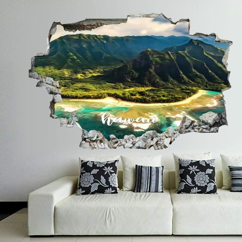 COCOKEN American Hawaii Painting Art Hawaii Natural View 3D Wall Stickers Mural Wall Art Removable Poster Vinyl Decals for Bedroom Living Room Nursery Office Shop 36 X 24 Inch