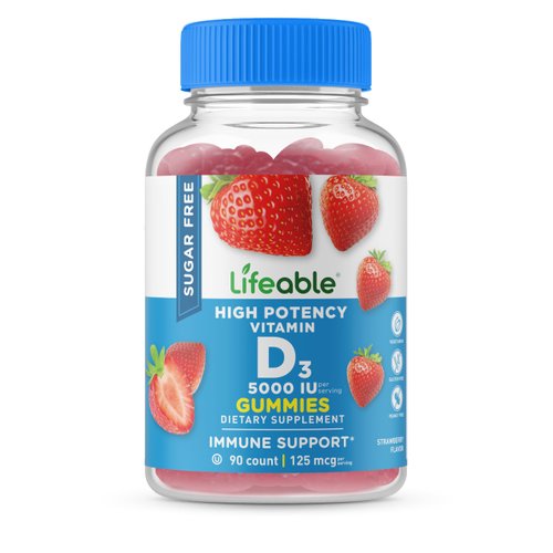 Lifeable Sugar Free Vitamin D 5000 IU - Great Tasting Natural Flavor Gummy Supplement - Gluten Free Vegetarian GMO-Free Chewable - for Immune Support and Bone Health - for Adults - 90 Gummies