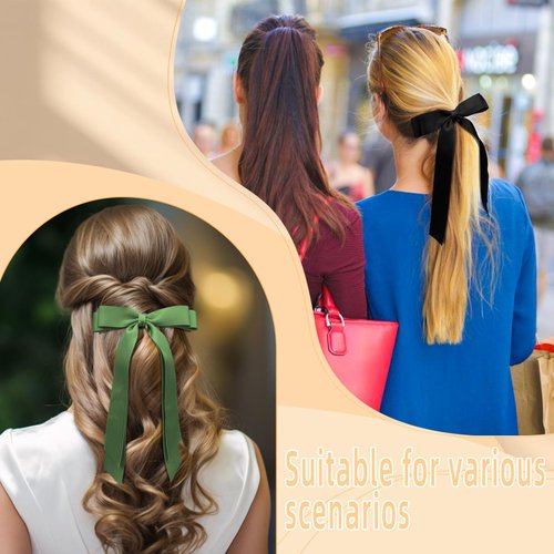 2Pcs Silky Satin Hair Bows for Women Hair Clip Hair Ribbon Ponytail Holder Accessories Slides Metal Clips Hair Bow for Girls Toddlers Teens Kids-Black/Green