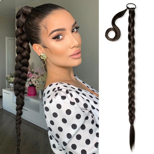 Top Remy Long Braided Ponytail Extension with Hair Tie Black Straight Wrap Around Hair Extensions Ponytail Natural Soft Synthetic Hair Piece for Women Daily Wear 32 Inch