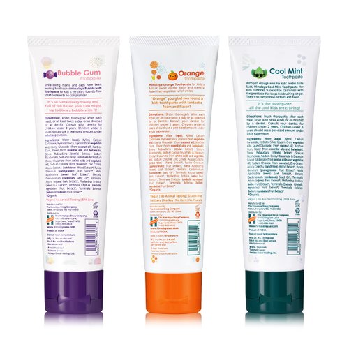 Himalaya Botanique Kids Toothpaste, Herbal, Cool Mint, Bubble Gum and Orange Flavor, Fights Plaque, Fluoride Free, No Artificial Flavors or Colors, SLS Free, Gluten Free, Vegan, 4 Oz, Variety 3 Pack