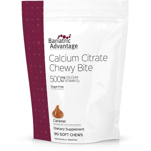 Bariatric Advantage Calcium Citrate Chewy Bites 500 mg - for Bariatric Surgery Patients - Vitamin D3 - Sugar-Free Chewable Calcium Supplement - Bariatric Calcium Chews - Caramel Flavor - 90 Count