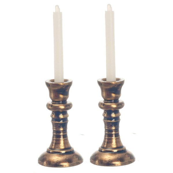 International Miniatures Dollhouse Miniature Set of Copper Candlesticks with Candles