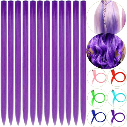 CLOEWCL 12 PCS Purple Hair Extensions Clip in, 22" Colored Hair Extensions, Highlights Colorful Hair Extensions, Synthetic Straight Hair Piece DIY Hair Accessories on Daily Party (Purple)
