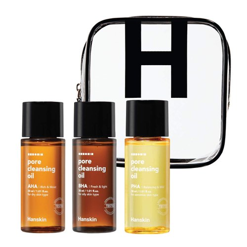 Hanskin PHA/BHA/AHA Pore Cleansing Oil, Sample Trial Size, Travel Size Mini Makeup Remover Set, Gentle Blackhead Cleanser for Sensitive, Combination, Oily and Dry Skin [30 ml/Pack of 3]