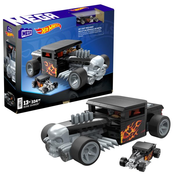 Mega Hot Wheels Race Car Building Toys Set, Bone Shaker with 334 Pieces and Metal Die-Cast Model, Collector Replica, Black and Chrome, Kids & Adults