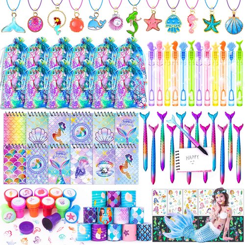HAPGFS Mermaid Party Favors- Ocean Sea Party Toys Sets for 12 Children Decorations, Goodie Bag Fillers 96 PCS for Kids Summer Party Supplies, Necklace, Bubble Wands Girls Mermaid Birthday Party Favors