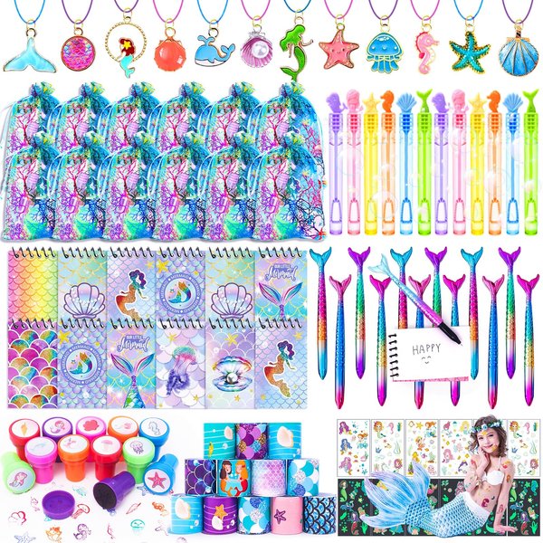 HAPGFS Mermaid Party Favors- Ocean Sea Party Toys Sets for 12 Children Decorations, Goodie Bag Fillers 96 PCS for Kids Summer Party Supplies, Necklace, Bubble Wands Girls Mermaid Birthday Party Favors