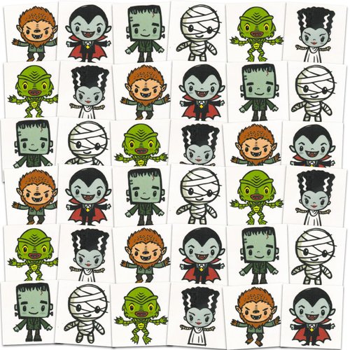 Horror Movie Tattoos Party Favors Bundle ~ 72 Perforated Individual 2" x 2" Universal Monsters Temporary Tattoos for Kids Teens Adults Featuring Frankenstein, Dracula, More (Horror Party Supplies)