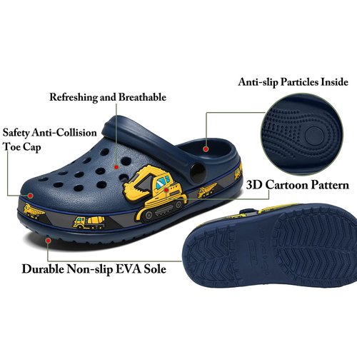 FolHaoth Little Kids Clogs Cute Cartoon Boys Girls Garden Clogs Toddlers Non-Slip Breathable Slides Sandals Children Lightweight Slip-on Beach Pool Shower Slippers Deepblue