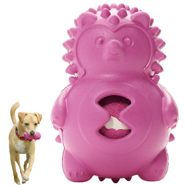 Friends Forever Squeaky Dog Toys with Tennis Ball, Tough Dog Chew Toys, Interactive Dog Toys with Natural Rubber, Rose Red Hedgehog